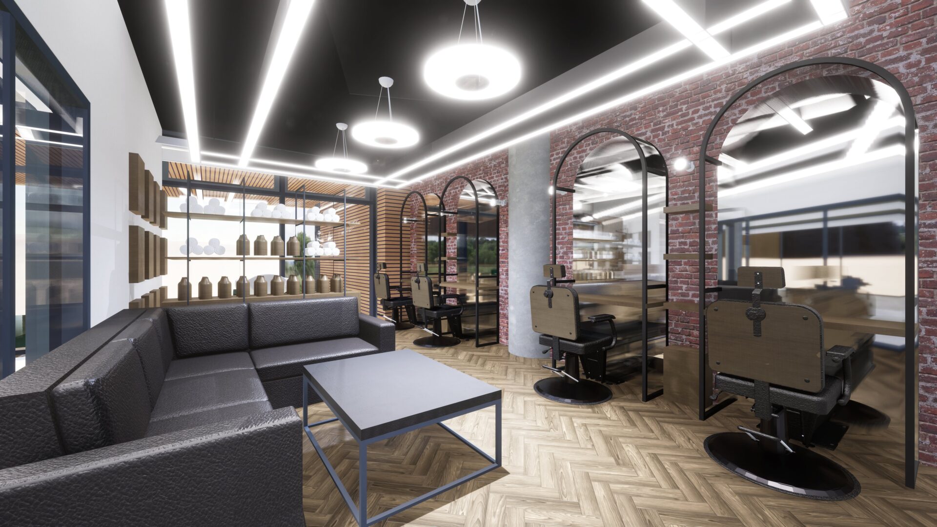 a proposed image of a barbering studio with bright lights, mirrors and barbering chairs