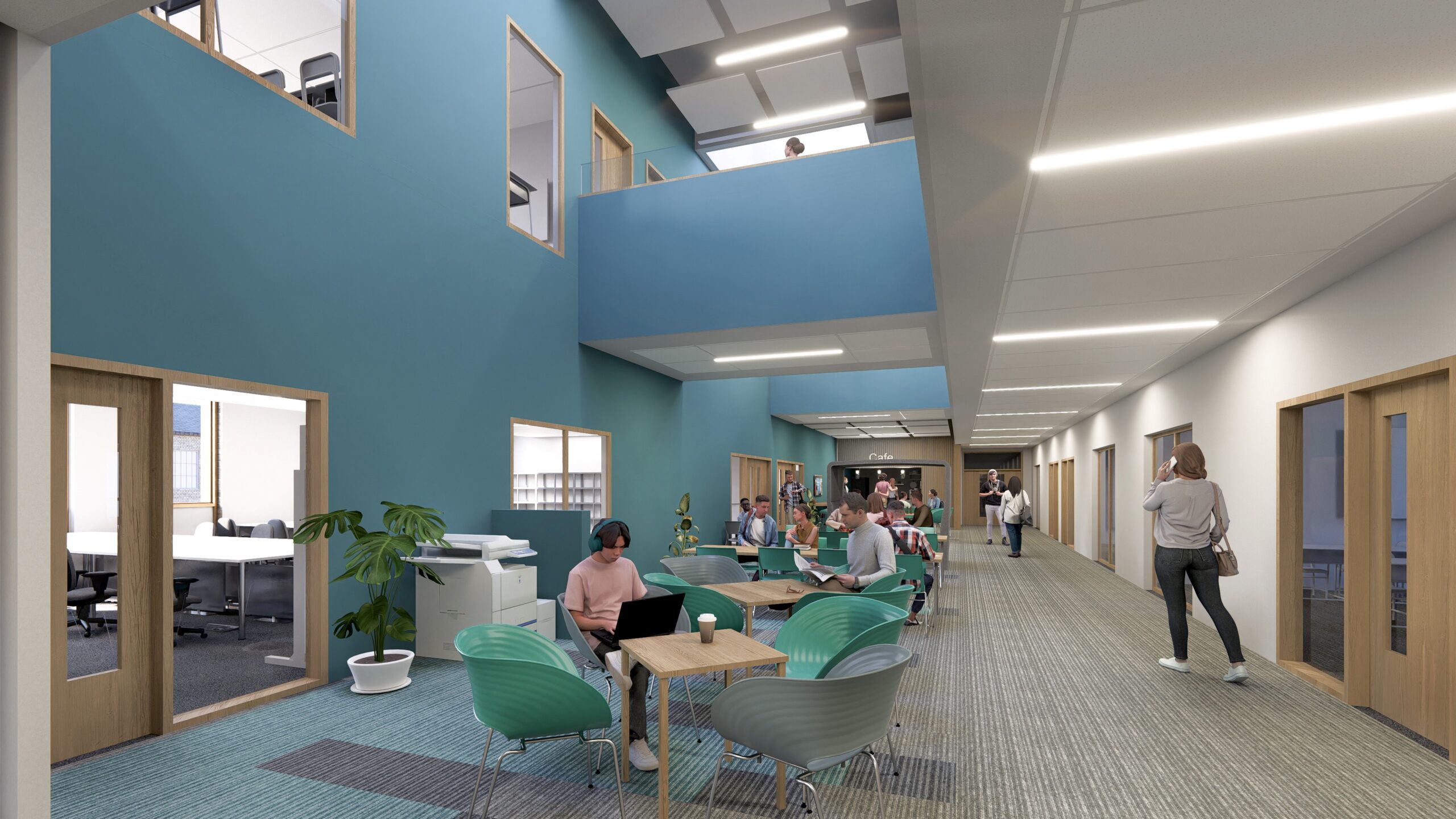 a proposed image of the inside of the FTC building, with desks and seats and classrooms