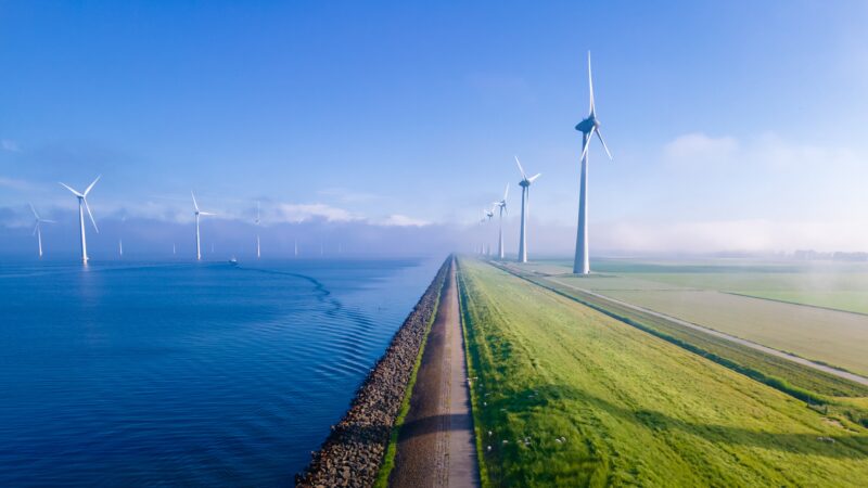 wind turbines stand on a green plain with blue sky in the background