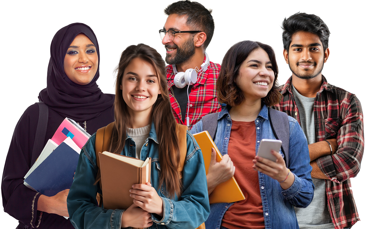 A group of higher education students smiling