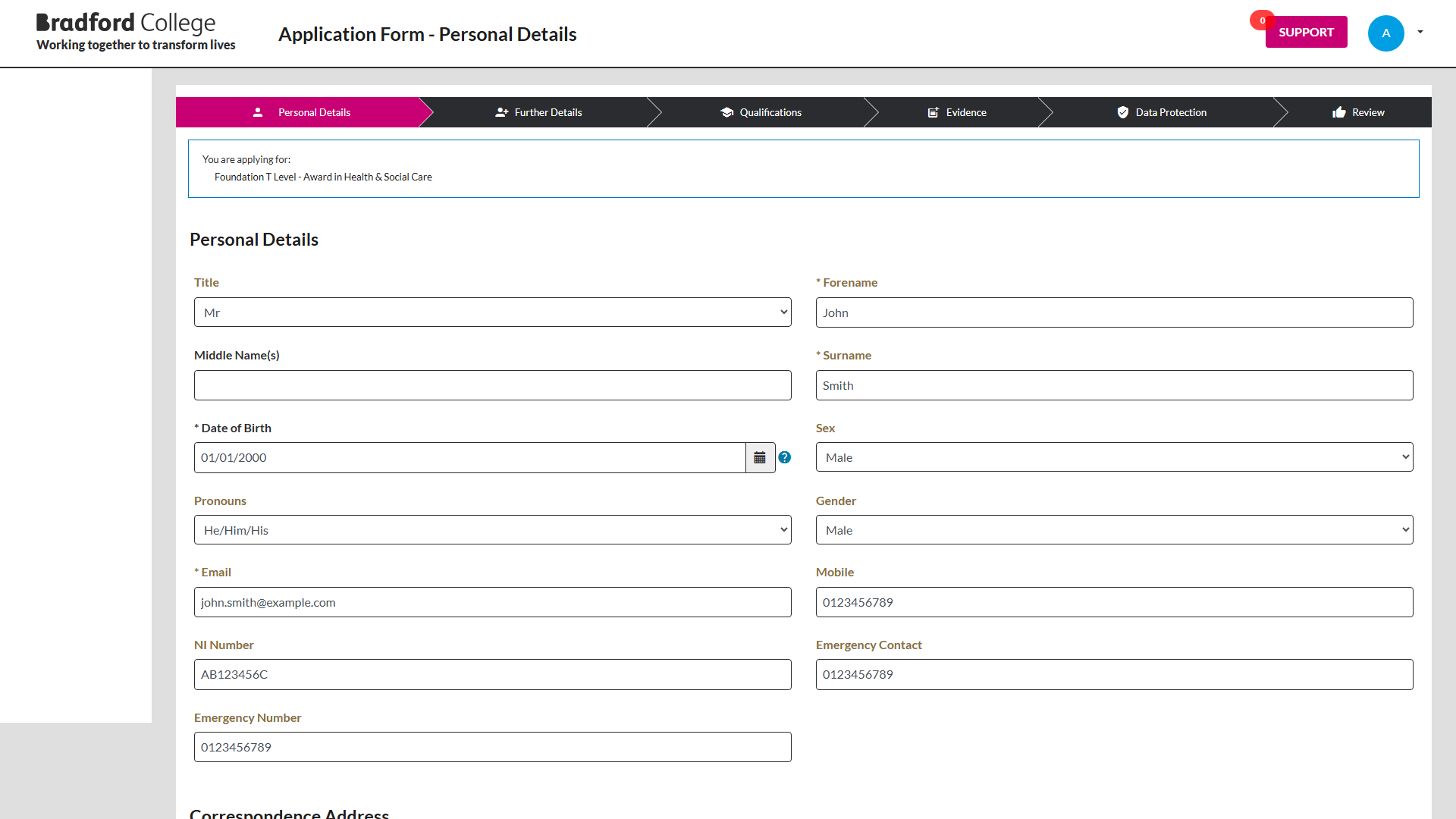 A screenshot of the online application form