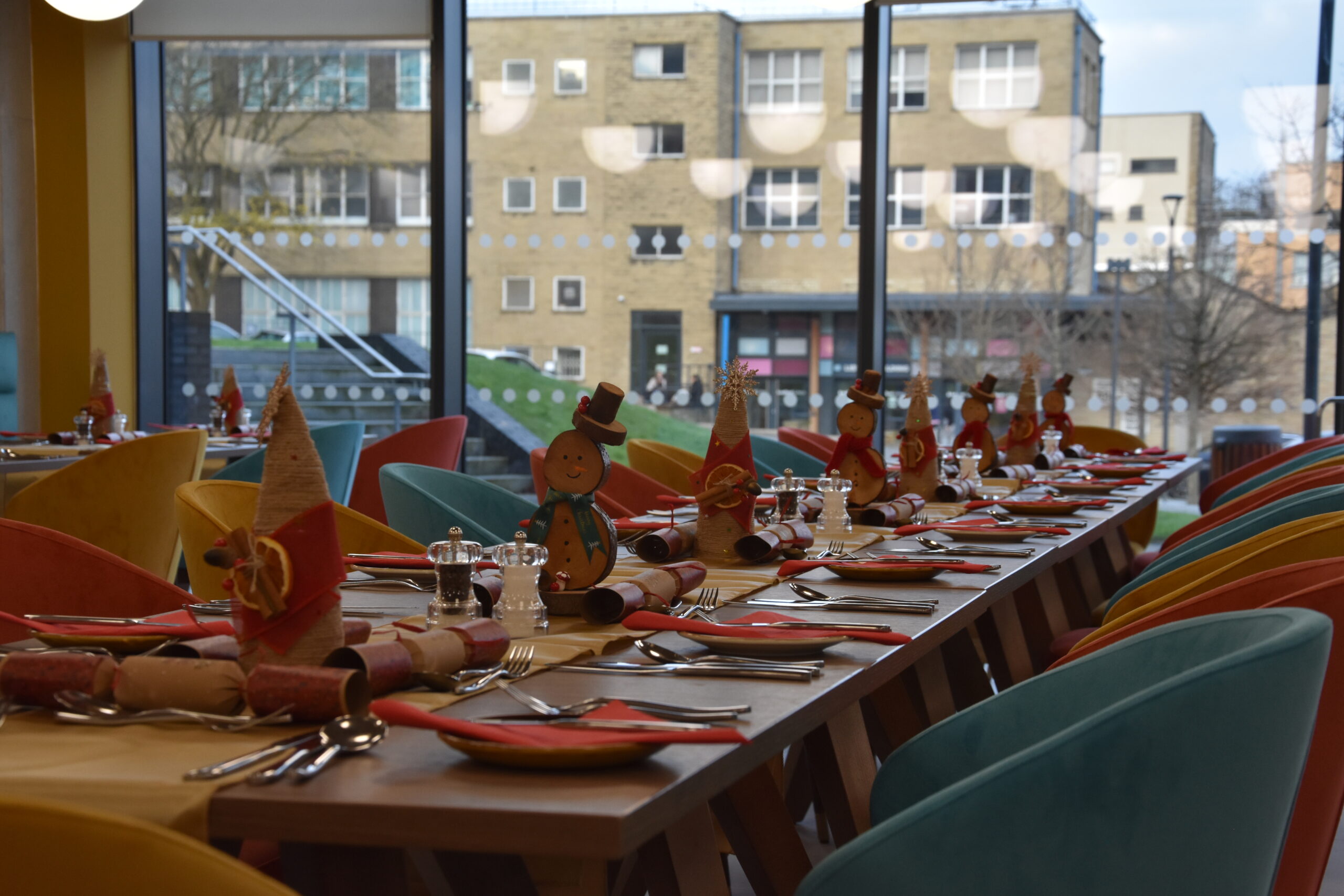 Long table set for Christmas dinner